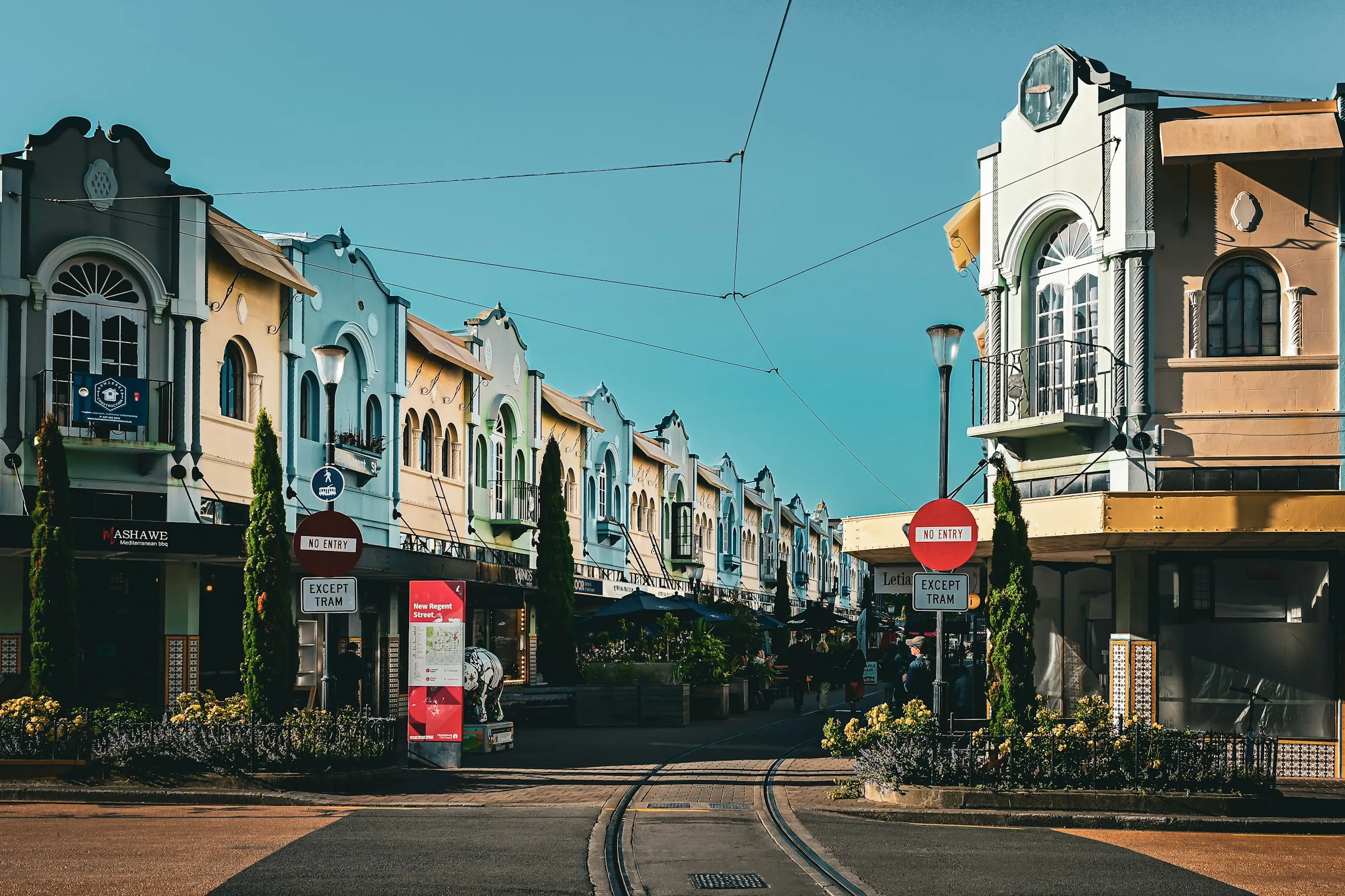 Christchurch's New Regent Street with pastel facades on a sunny day