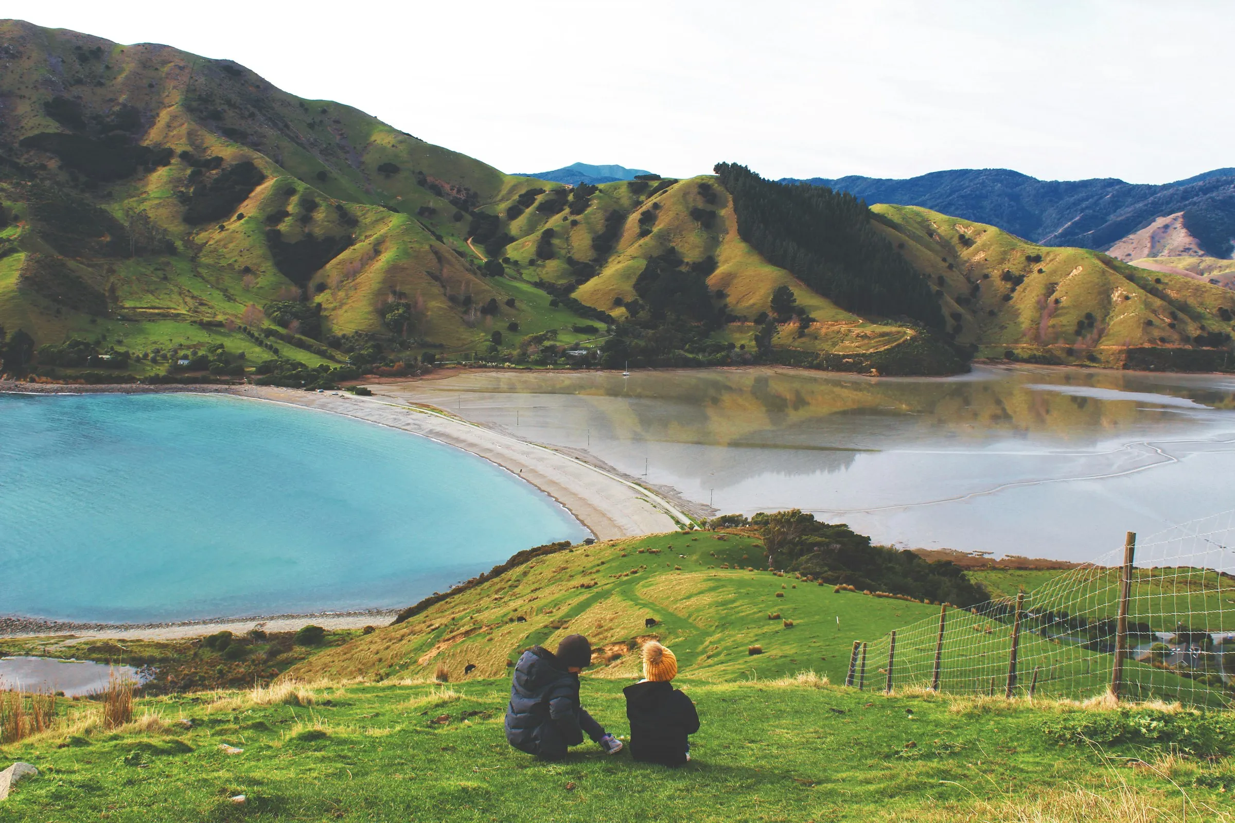 Aerial view of a turquoise bay and green hills in the Nelson region